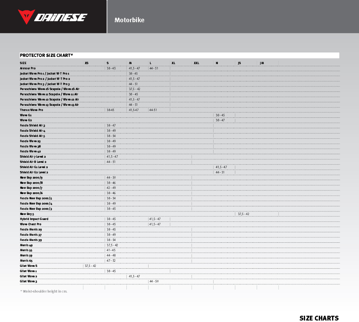 Dainese Pants Size Chart